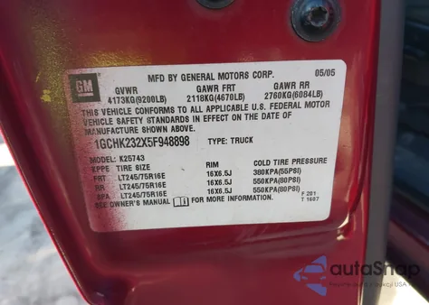 2005 Chevrolet Silverado 2500Hd Ls z USA, uszkodzony, nr VIN 1GCHK232X5F948898